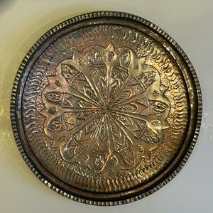 Vintage Middle Eastern Round Decorated Copper Tray